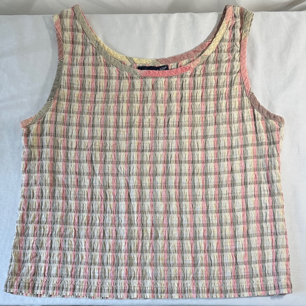 Angelique Seersucker Plaid Cream, Tan, and Pink Tank Top. M.